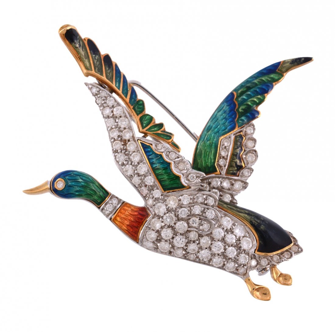 A diamond and enamel duck brooch, designed as a mallard (1 of 2)