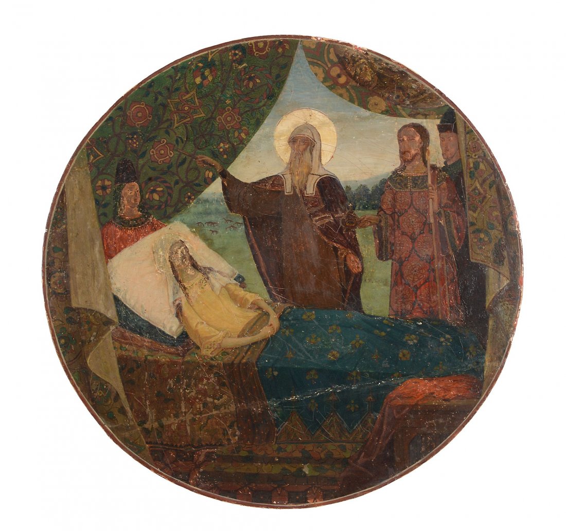 A Russian polychrome painted tondo icon, Metropolitan (1 of 3)
