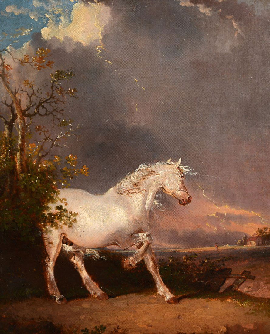Circle of Sawrey Gilpin (1733-1807) - Startled horse: Oil on canvas Bears old attribution label on reverse, which reads: James Ward RA 30 x 26 cm.(11 7/8 x 10 1/4 in)