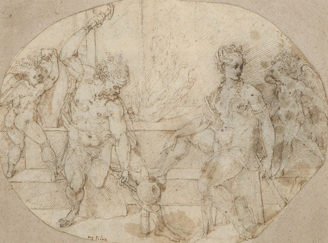 Circle of Antonio Campi (1536-1591) - Venus and Cupid: Black chalk, pen and brown ink, on laid paper 17.2 x 23 cm. (6 3/4 x 9 in), irregular oval Provenance: Anonymous sale, Christies[?] (label on reverse); Collection of Douglas Cleverdon; Exhibited: Alpi