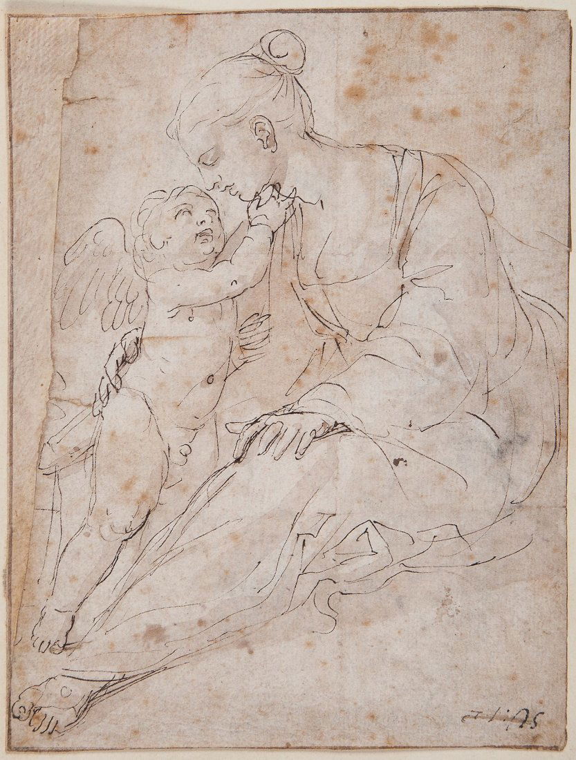 Follower of Annibale Carracci (1560-1609) - Mother and: Recto: pen and black ink, with grey wash, brown ink ruled border Verso: black chalk Bears old attribution on verso, and on mount, to Annibale Carracci 18.5 x 14 cm. (7 1/4 x 5 1/2 in) Together with a