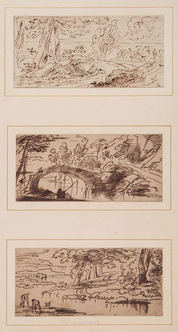 Follower of Annibale Carracci (1560-1609) - Three: Pen and brown ink on laid paper, mounted together on one sheet Mount bears later pencil inscription recto : 'Bolognese School' Each c.9 x 19 cm. (3 1/2 x 7 1/2 in) Unframed, (3) Provenance: William Ru