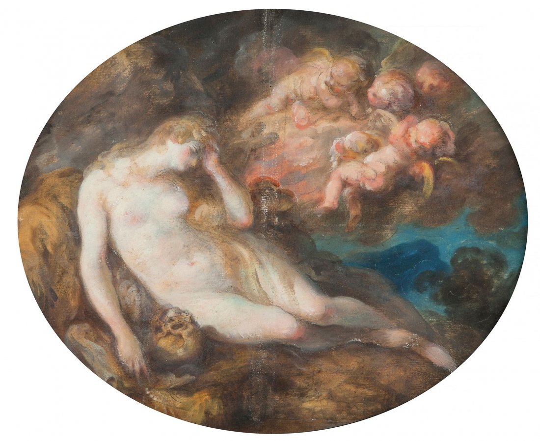 Jacques Philippe Caresme (1734-1796) - The Penitent: Oil and body colour over graphite, touches of black and white chalk, on laid paper Oval, 25.5 x 31cm (10 x 12 in) Provenance: Sale. Christie's, Old Master Drawings , 21st April, 1998, lot 233