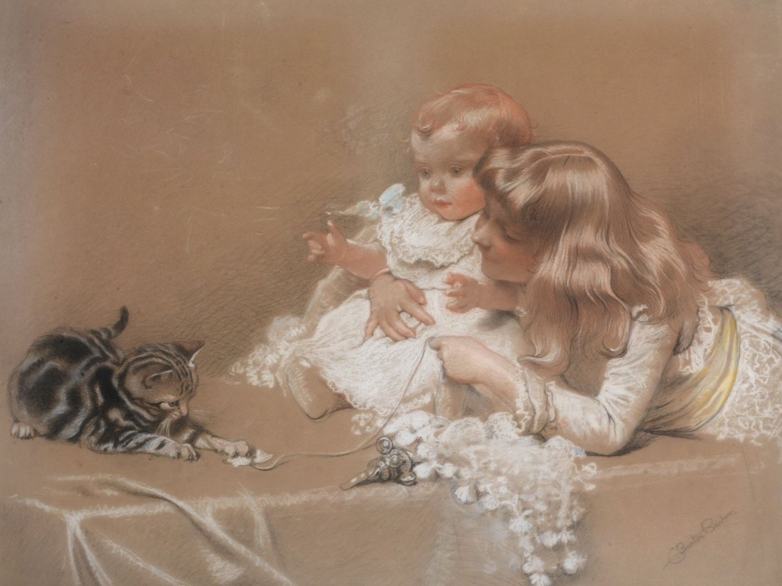 Charles Burton Barber (1845-1894) - Playmates: Coloured chalks on buff wove paper, laid onto canvas Painted circa 1885 Signed C. Burton Barber lower right 57 x 74 cm. (22 1/2 x 29 1/8 in) The present drawing is an exceptionally fine and rare examp