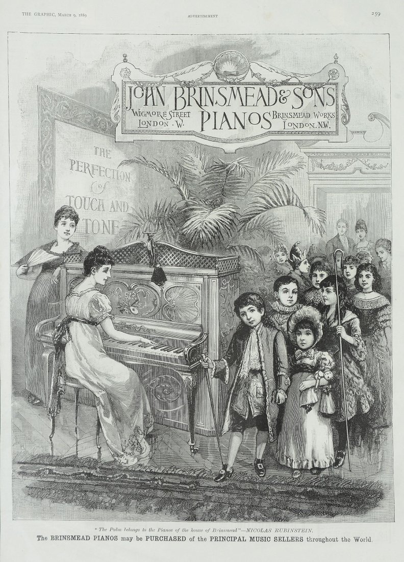 Brimsmead & Sons.- - John Brinsmead & Sons Pianos: Wood-engraving with hand-colouring 27 x 36 cm. (10 1/2 x 14 1/8 in) Together with another wood-engraved advertisement for Brinsmead & Sons, a sheet with multiple vignettes of the factory, and a red ch