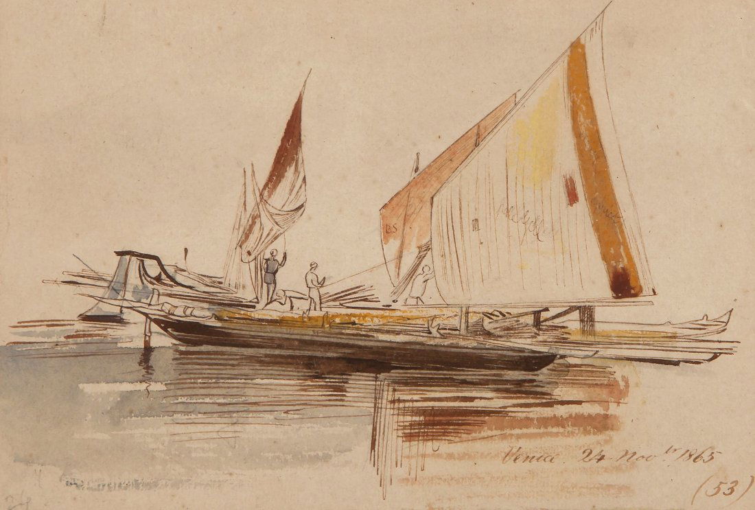 Edward Lear (1812-1888) - A Venetian sail barge: Brush and red ink, watercolour, touches of body colour, traces of graphite Inscribed Venice 24 Nov, b r 1865 (53) lower right 11.5 x 17 cm. (4 1/2 x 6 3/4 in) Provenance: Thomas Agnew & Sons, London (