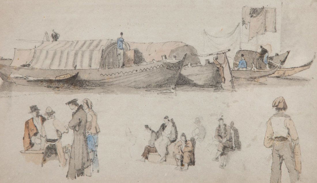 Samuel Prout (1783-1852) - Venetian barges and figures: Graphite, watercolour, on blue-grey wove paper 11 x 19.5 cm. (4 1/4 x 7 3/4 in) Provenance: Thomas Agnew & Sons, London (label on reverse, no. 26807)