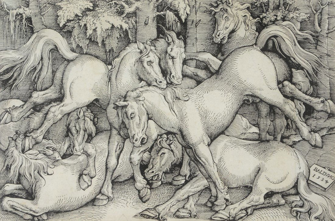 Hans Baldung Grien (c.1484-1545) - Group of seven wild: Woodcut, a good impression Circa 1534, but probably a later 16th century impression [Bartsch VII.321.56; Holl., 238] 21 x 32 cm. (8 1/4 x 12 1/2 in)