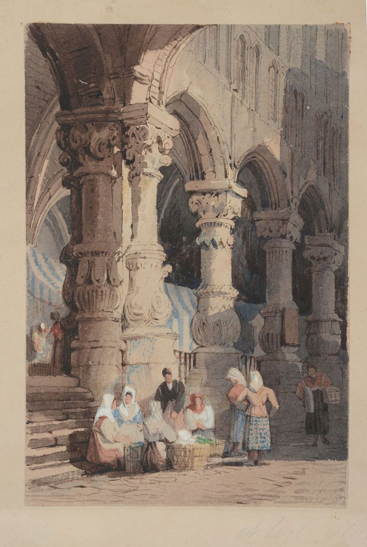 Samuel Prout (1783-1852) - At Liege: Watercolour heightened with body white Signed and inscribed on mount 18 x 12 cm. (7 x 4 3/4 in)