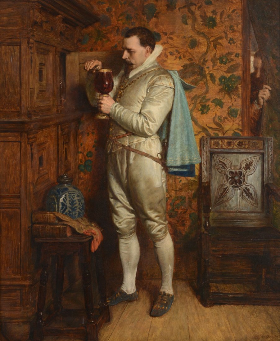 John Dawson Watson (1832-1892) - The Poison Cup: Oil on panel Signed and dated 1865 lower right 61 x 50 cm.(24 x 19 3/4 in) Provenance: Purchased from Philip Bryant, author of John Dawson Watson R.W.S., a biographical sketch (Trusthouse Forte, 1979)