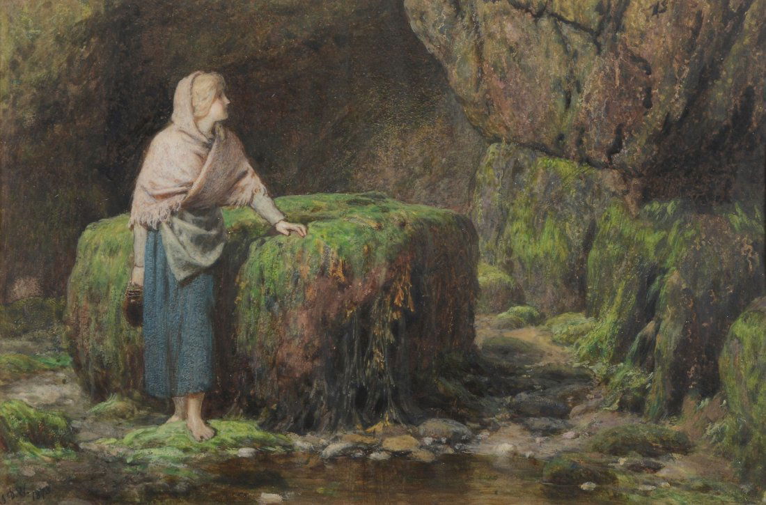 John Dawson Watson (1832-1892) - Girl by the Seashore: Watercolour with bodycolour Initialled and dated 1873 lower left 29.5 x 44.5 cm.(11 5/8 x 17 1/2 in)