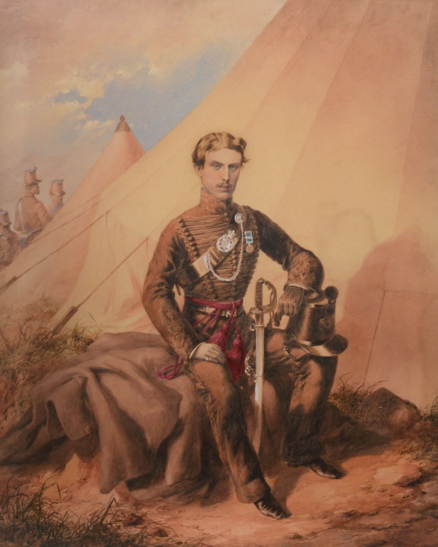 English School (19th century) - A seated portrait of: Watercolour 67.5 x 55 cm.(26 1/2 x 21 5/8 in.) Richard Borough born 28th May 1838, died November 13th 1855, 2nd Batallion of the rifle brigade. Wounded in the assault on the Redan on 8th September 185
