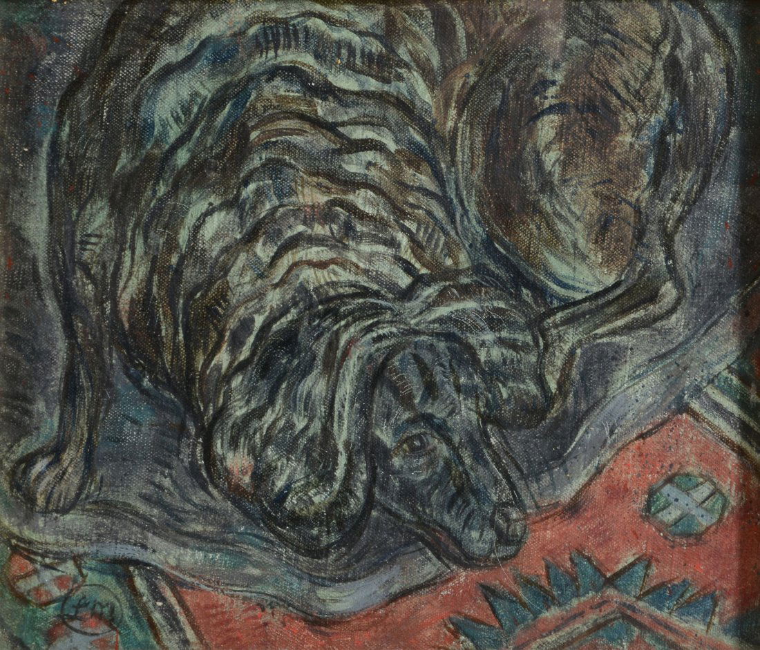 Leonard McCombe (b.1930) - Dog: Oil on canvas Initialled 'LM' lower left 18.5 x 21 cm (7 1/4 x 8 1/4 in) IMPORTANT: This lot is sold subject to Artists Resale Rights, details of which can be found in our Terms and Conditions.