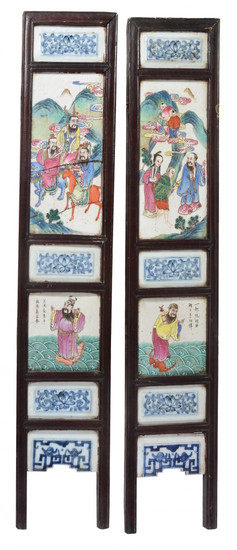 A pair of Chinese hardwood porcelain mounted panels (1 of 6)