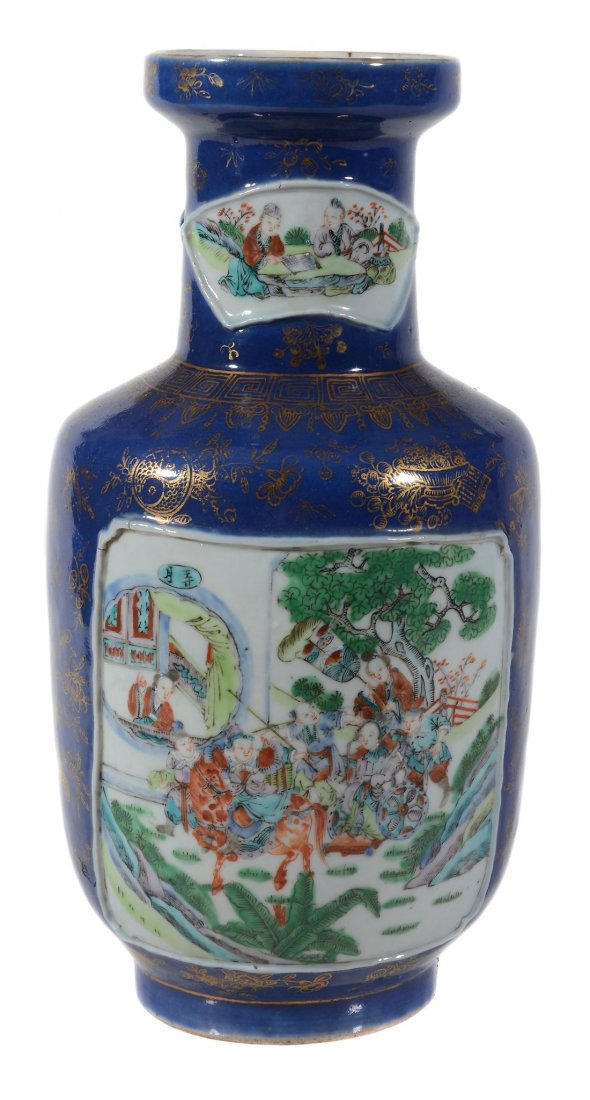 A Chinese Famille Rose powder-blue ground rouleau vase (1 of 2)