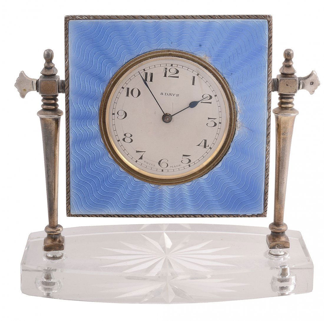 An Art Deco silver and blue enamel desk clock by Walker (1 of 2)