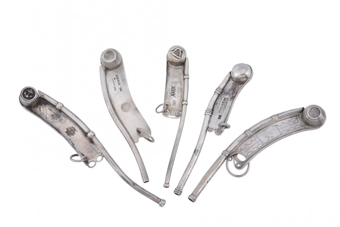 Five various silver bosun's calls, cancelled marks, (1 of 1)