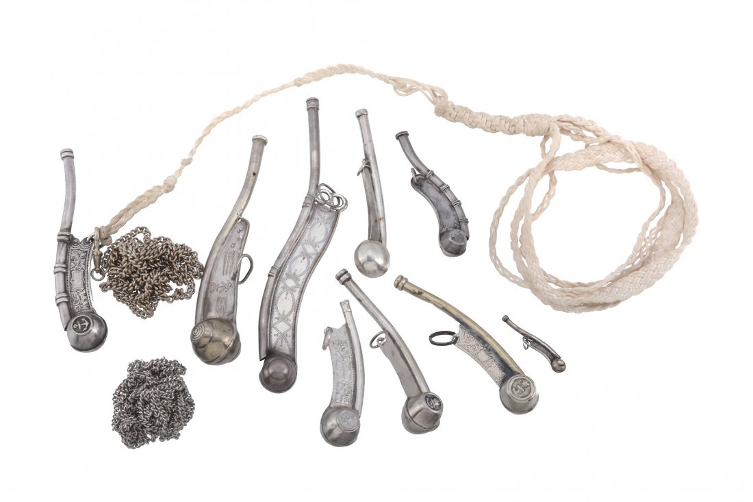 Eight electro-plated or base metal bosun's calls, (1 of 1)