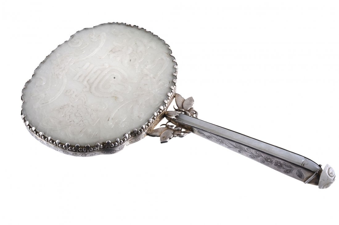 A Chinese silver and white jade mirror, 20th century (1 of 3)