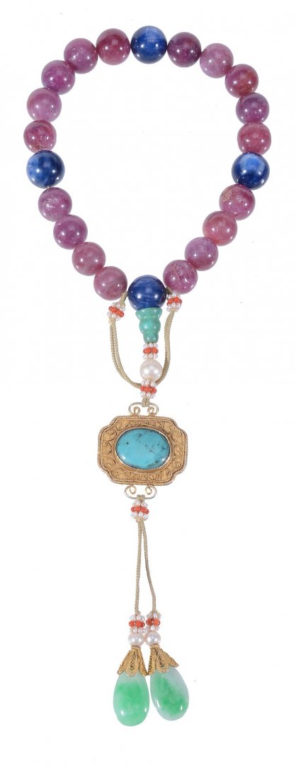 A Chinese blue and red polished bead necklace or (1 of 3)