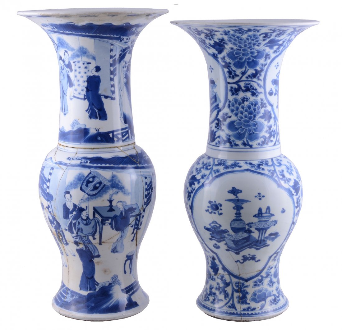 A Chinese blue and white yen-yen vase, Kangxi: A Chinese blue and white yen-yen vase, Kangxi , painted with figures a leisure on a pavilion terrace, 47cm high; and a Chinese blue and white yen-yen vase, Kangxi, painted with panels of precious obje