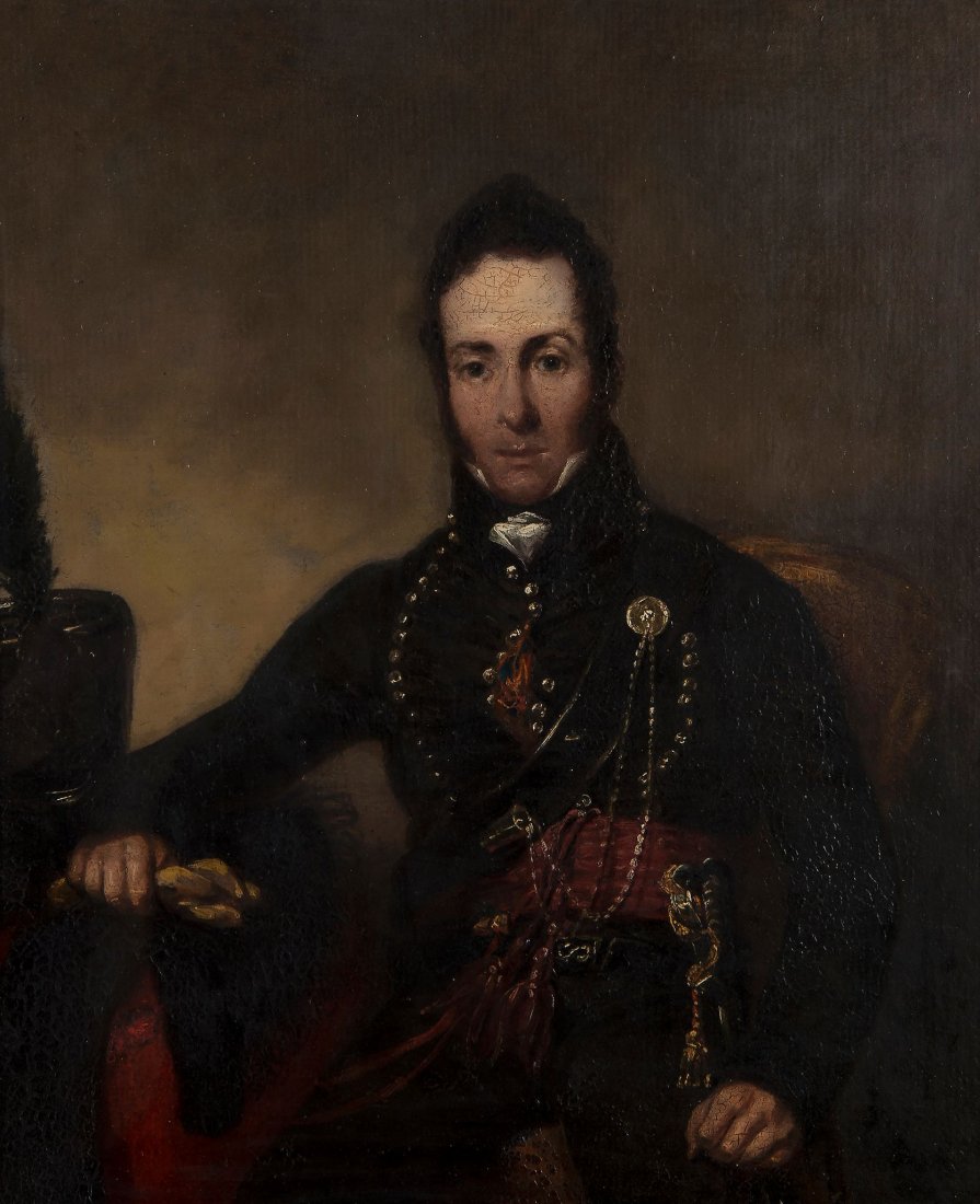 Attributed to Raphael Lamar West (1769-1850) - Portrait: Oil on board Inscribed on reverse: Êpt. N. Travers. Rifle Brig 3[?]/ R.L. West pinxt. Dublin/ Feby. 1818' 49 x 42 cm. (19 1/4 x 16 1/2 in)