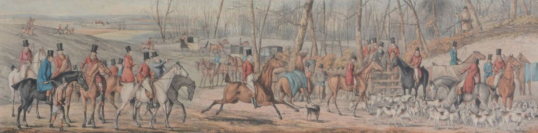 After Thomas Henry Alken - A set of four fox hunting: Coloured aquatints by Thomas Sutherland, London 1824 Each plate c. 13.5 x 60.5 cm. (5 1/4 x 23 3/4 in) Together with six further coloured etchings from the Steeple Chase series, After Henry Thomas Alk