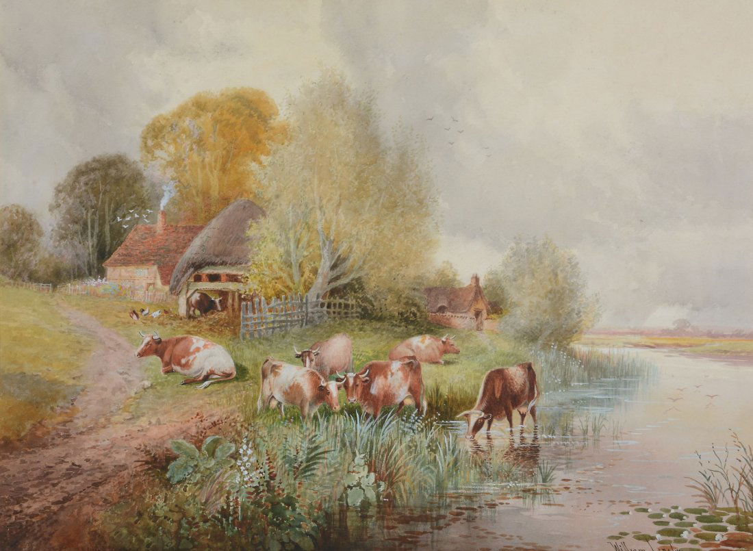William Langley (1852-1922) - A group of three pastoral: Watercolour Each signed Two works measure, 44 x 60 cm. (17 1/4 x 23 1/2 in), the other measures, 60 x 44 cm. (23 1/2 x 17 1/4 in), (3) Provenance: Pen Moel near Chepstow