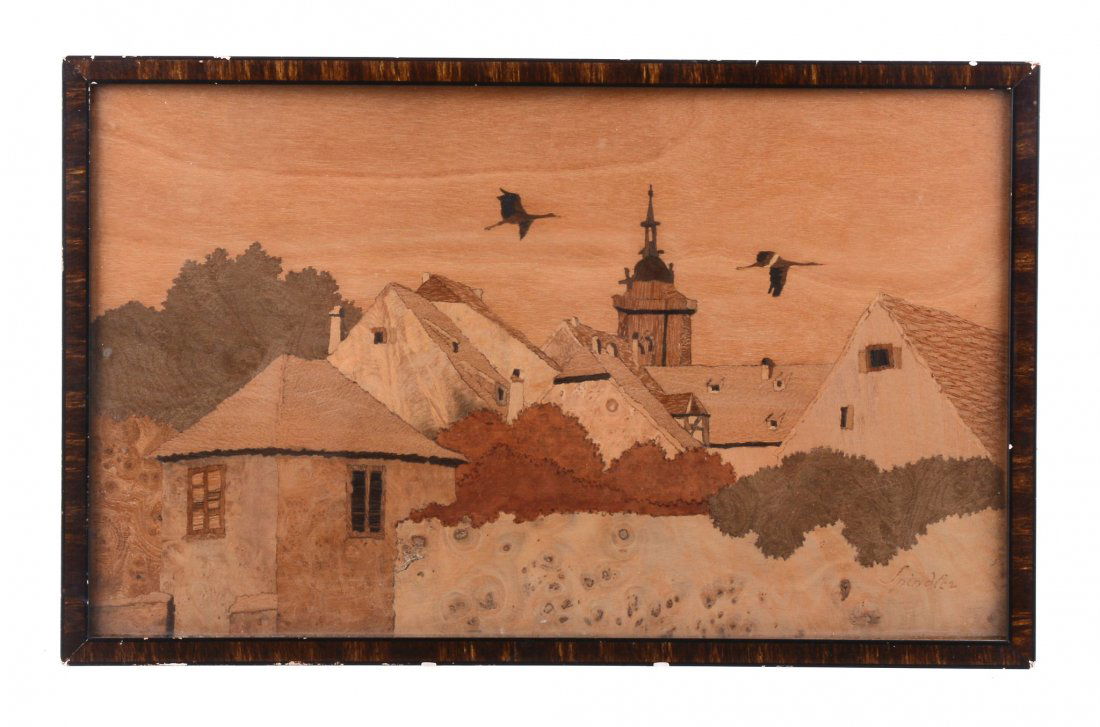 Charles Spindler , a sample wood marquetry landscape: Charles Spindler (Alsatian,1865-1938), a sample wood marquetry landscape picture, circa 1900, depicting rustic architecture and foliage, inscribed 'Spindler' lower right, framed and glazed, 20 x 32cm