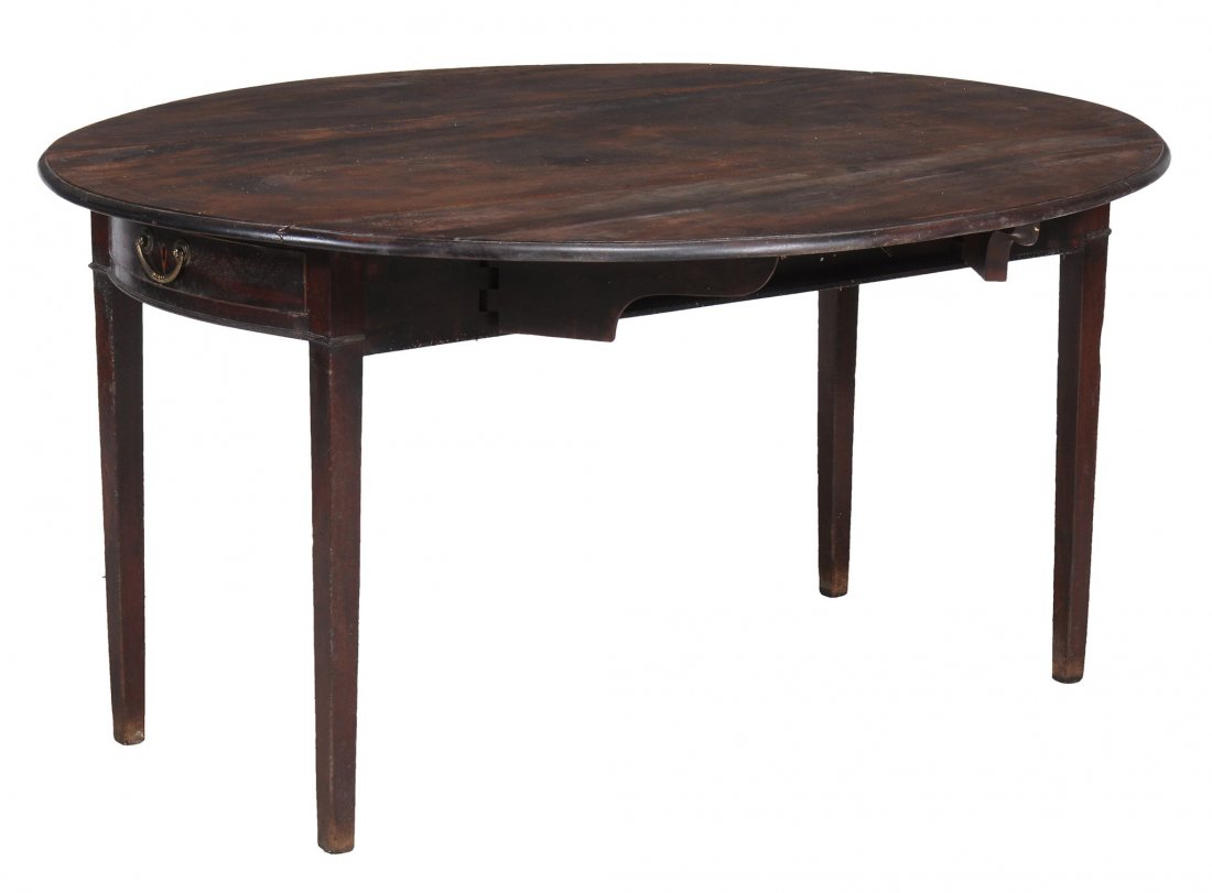 A George III mahogany drop leaf dining table , circa: A George III mahogany drop leaf dining table , circa 1770, with single drawer to one short end, 71cm high, 140cm long, 131cm wide open,