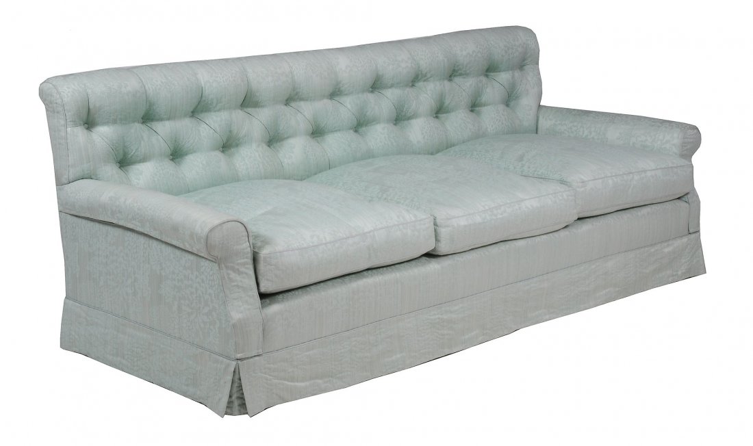 A Howard Chairs Ltd. turquoise uphostered three seat: A Howard Chairs Ltd. turquoise uphostered three seat sofa , late 20th century, with label to underside for HOWARD CHAIRS LTD MAKERS OF CHAIRS AND SETTEES 30-31 LYME STREET LONDON NW1 0EE S-3532JL, 83c