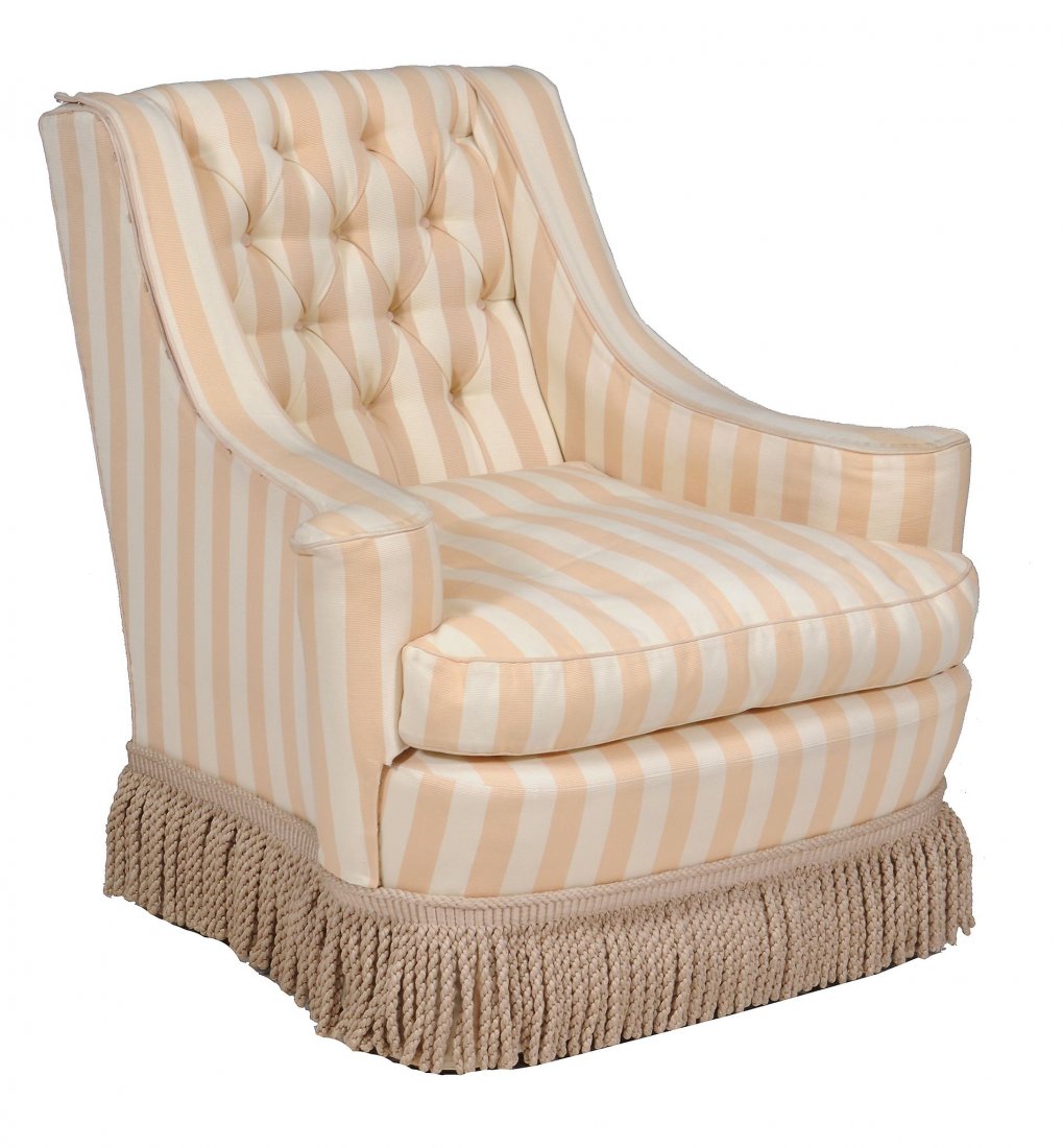 A Howard Chairs Ltd button upholstered armchair , late: A Howard Chairs Ltd button upholstered armchair , late 20th century, labelled to under side HOWARD CHAIRS LTD MAKERS OF CHAIRS & SETTEES 30-31 LYME STREET LONDON NW1 0EE S/8563 SF JL, 89cm high, 89cm