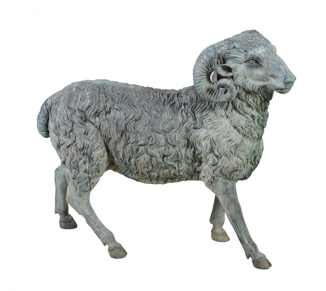 A verdigris patinated metal, probably bronze garden: A verdigris patinated metal, probably bronze garden model of a ram, modern, naturalistically cast as standing, 76cm high, 87cm long