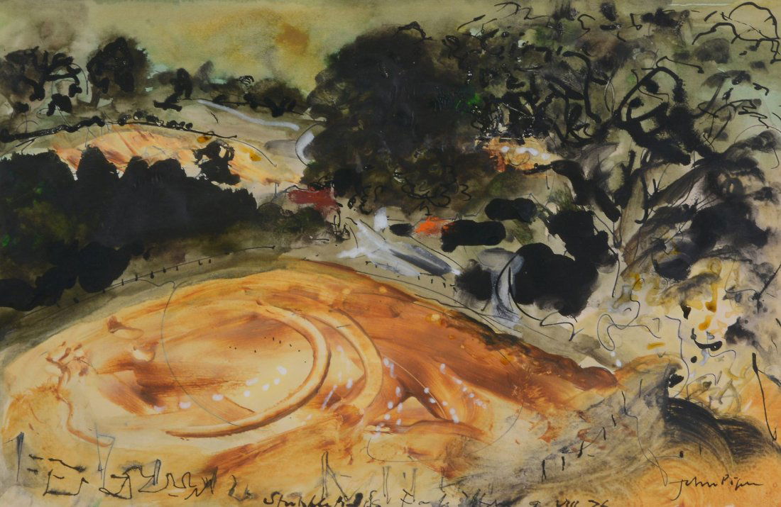 John Piper (1903-1992) - Stubble Fields, Fawley Bottom: Ink, oil pastel, watercolour and gouache on paper Signed lower right, titled and dated 7. VIII. 76 lower left 21.5 x 34 cm. (8 1/ x 13 3/8 in) Provenance: Bohun Gallery, Henley-on-Thames (label on the