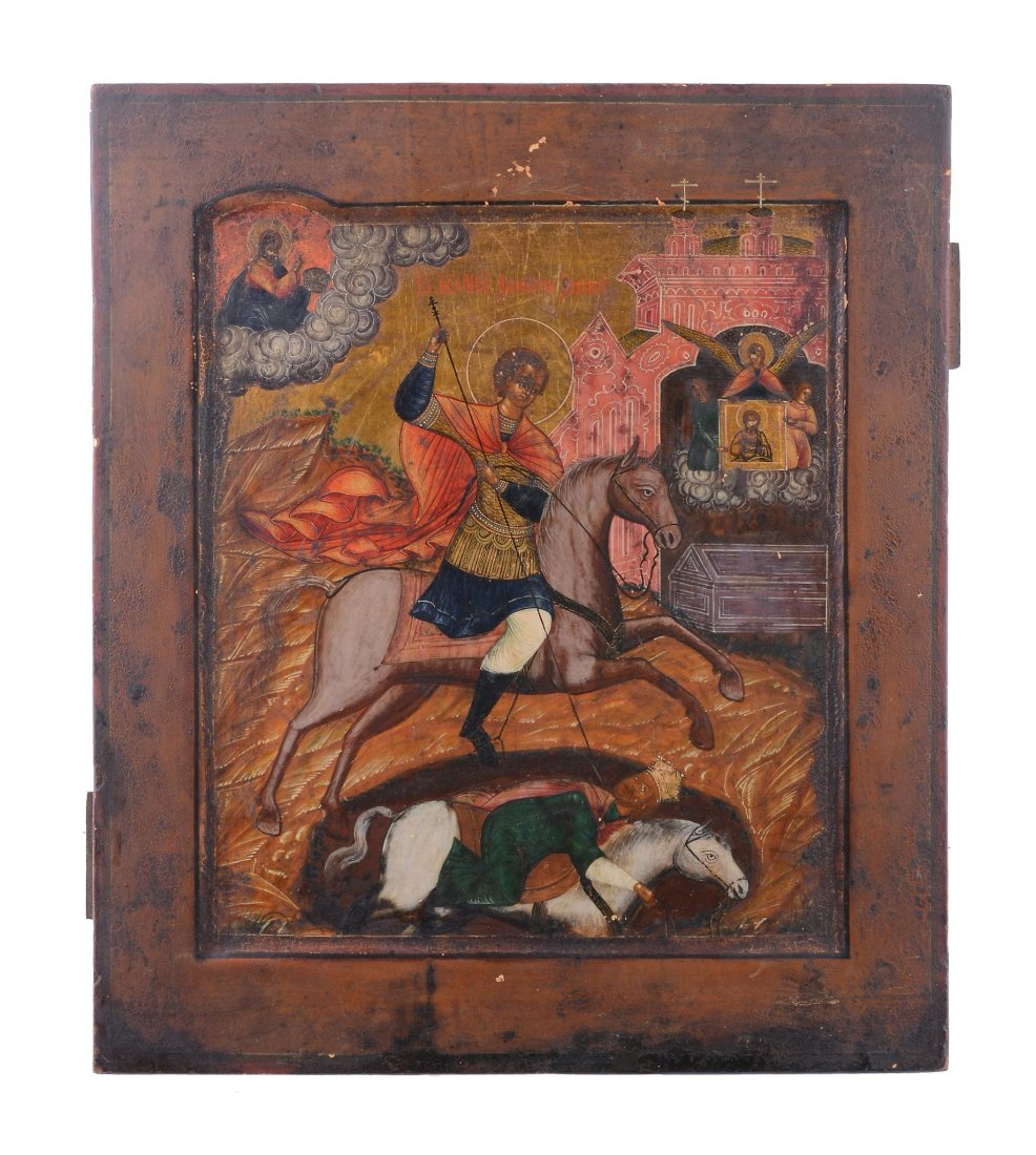 A 19th century Russian icon, of St Dimitri slaying the: A 19th century Russian icon, of St Dimitri slaying the pagan king, tempera on panel, 36 x 31cm (14in x 121 1/4in)