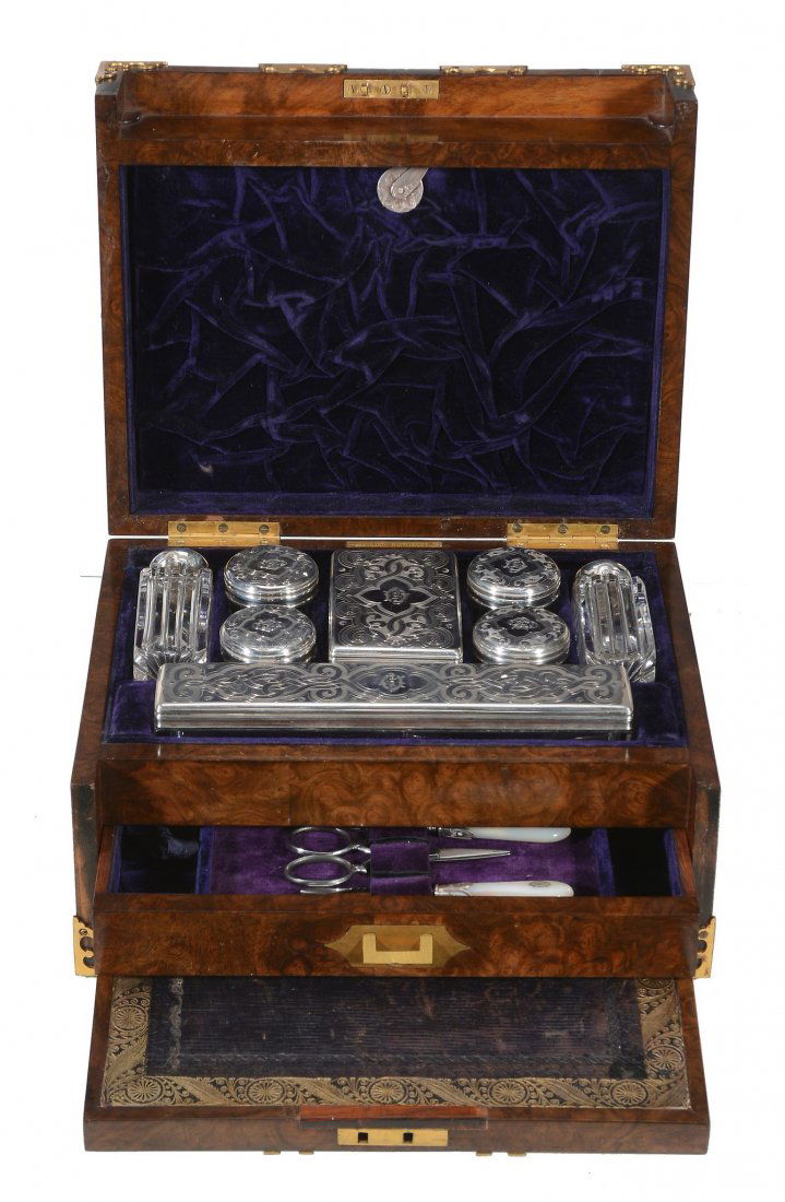 A Victorian burr walnut box with silver mounted (1 of 3)