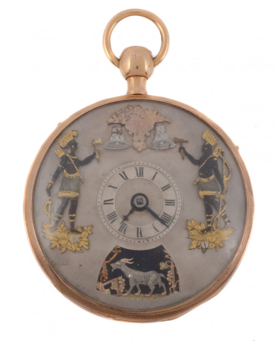 [Erotica] An 18 carat gold open face repeating: [Erotica] An 18 carat gold open face repeating automaton pocket watch, no. 51292, circa 1800, Swiss commercial verge fusee movement, three armed steel undersprung balance, pierced and engraved balance