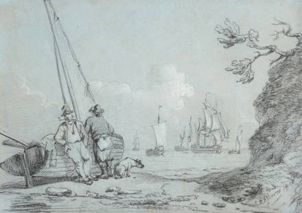 John Thomas Serres (1759-1825) - Two fisherman and a: Black chalk and graphite, heightened with white chalk Signed and dated 1808 lower right 20 x 28 cm.(8 x 11 in) Provenance: with John Mitchell and Son, London (label on reverse)