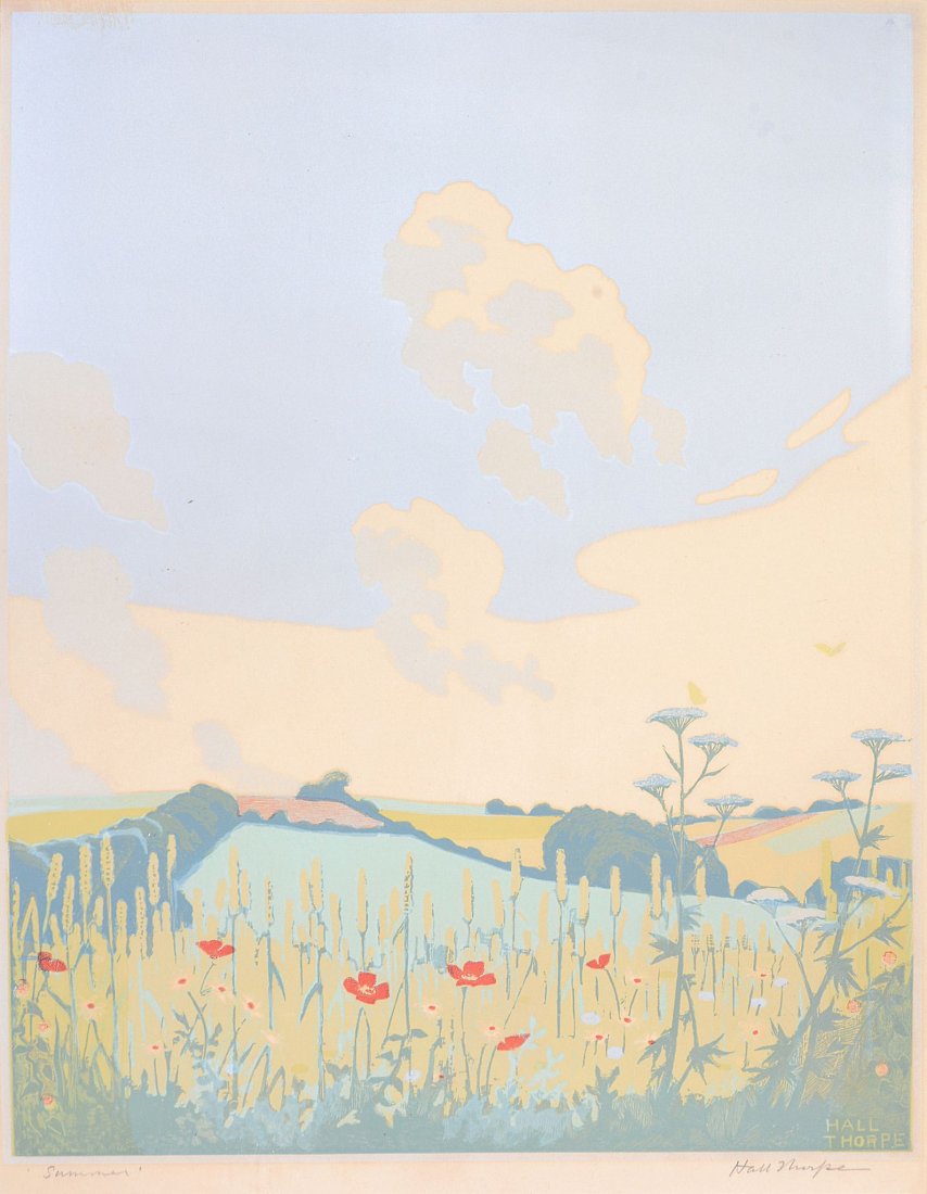 John Hall Thorpe (1874-1947) - Haymakers; The caravan;: Four coloured woodcut prints Signed and inscribed in pencil, lower left and right Each c. 35 x 27cm. (13 3/4 x 10 5/8 in), (4) IMPORTANT: This lot is sold subject to Artists Resale Rights, details of