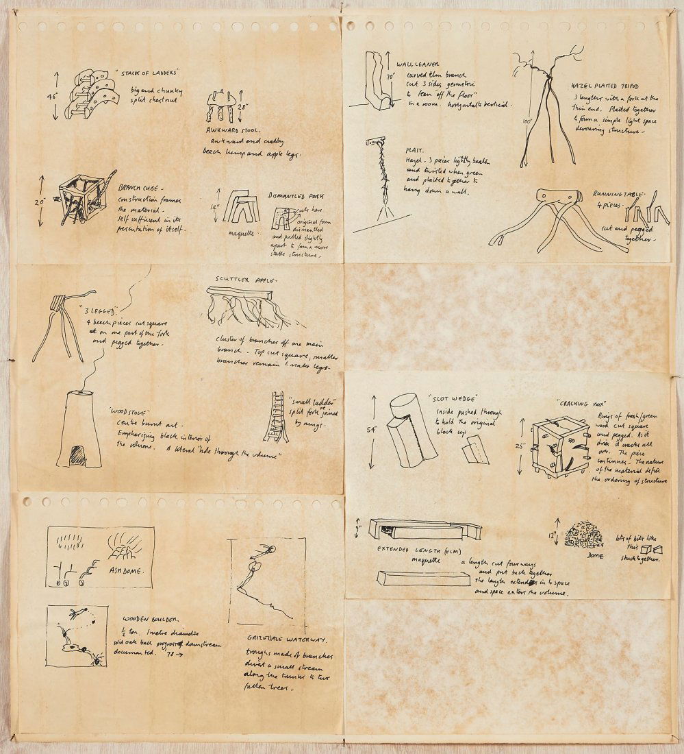 David Nash (1945) - Sketches for sculptures: Pen on five sheets laid down and framed as one Dated 1981/2 , to label affixed verso 49 x 44cm (19 1/4 x 17 1/4in.) The present lot consists of seventeen sketches for sculptures which were executed fo