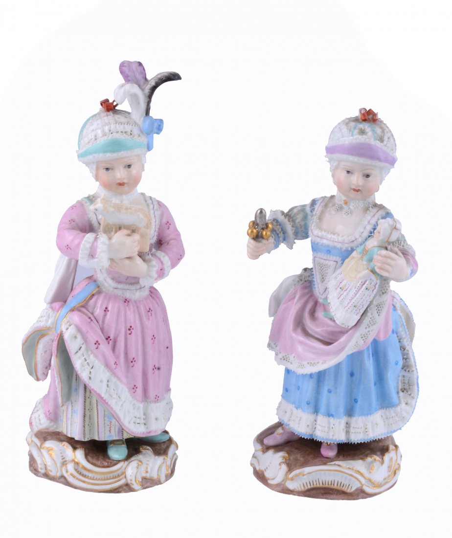 A pair of Meissen Porcelain figures of young children,: A pair of Meissen Porcelain figures of young children, late 19th century, one playing with a doll, the other with a toy lamb, blue crossed swords marks, incised C.90 , 15cm high