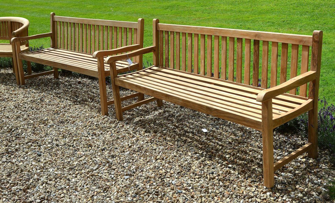 A pair of stained teak garden benches, modern, each (1 of 1)