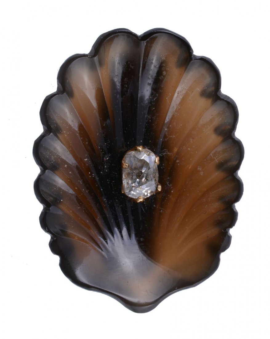 A mid Victorian smoky quartz and diamond shell brooch, (1 of 2)