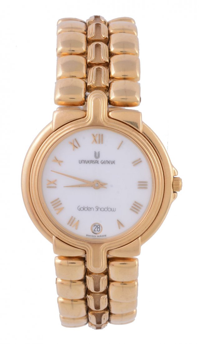 Universal Geneve, Golden Shadow, ref. 176: Universal Geneve, Golden Shadow, ref. 176.007, an 18 carat gold bracelet wristwatch, no. 171431, Swiss quartz movement, 6 jewels, cal. ETA 255441, white dial, applied Roman numerals, lance hands, date
