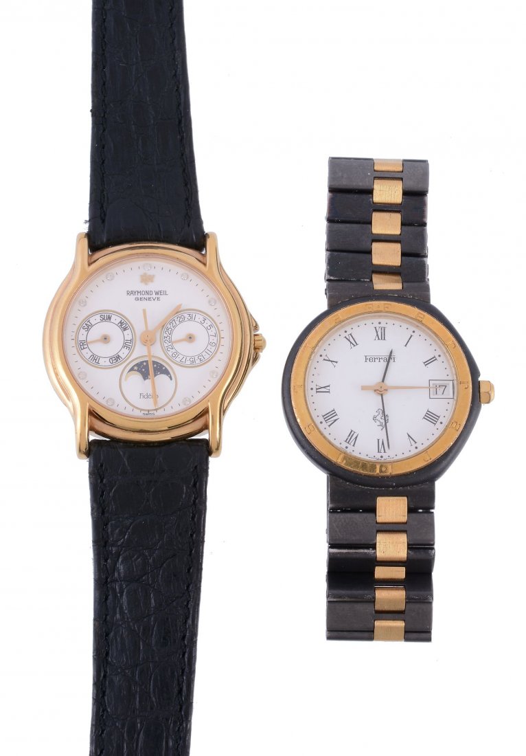Raymond Weil, Fidelio, a gold plated wristwatch, Swiss: Raymond Weil, Fidelio, a gold plated wristwatch, Swiss quartz movement, 7 jewels, cal. ETA 955.12, white dial, white stone dot markers, baton hands, centre seconds hand, subsidiary dials for day, date