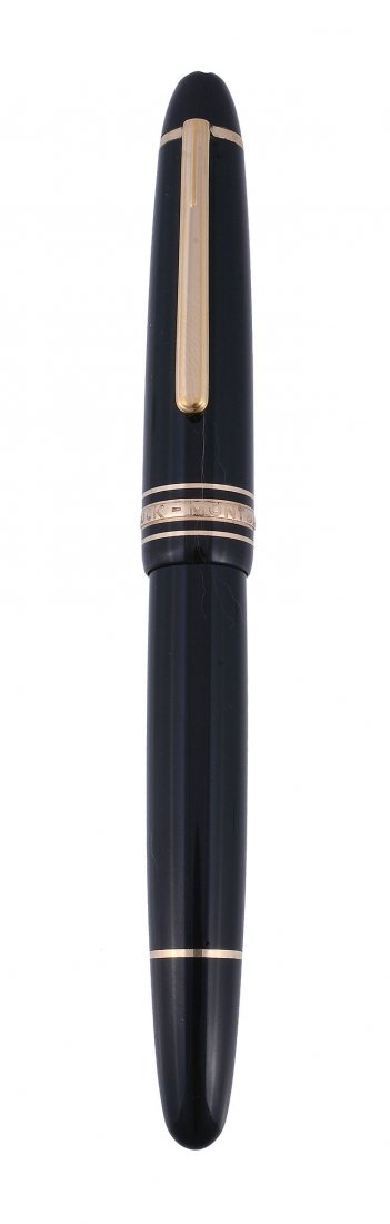 Montblanc, Meisterstuck, 146, a black fountain pen: Montblanc, Meisterstuck, 146, a black fountain pen, the black cap and barrel with gilt trim, the nib stamped 14K, with a piston filling system, inked