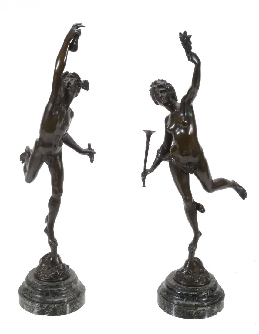 A pair of Continental patinated bronze models of: A pair of Continental patinated bronze models of Mercury and Flora, circa 1875, the former cast after Giambologna, portrayed as nude and held aloft on a Nimbus, the latter similarly posed, atop circul