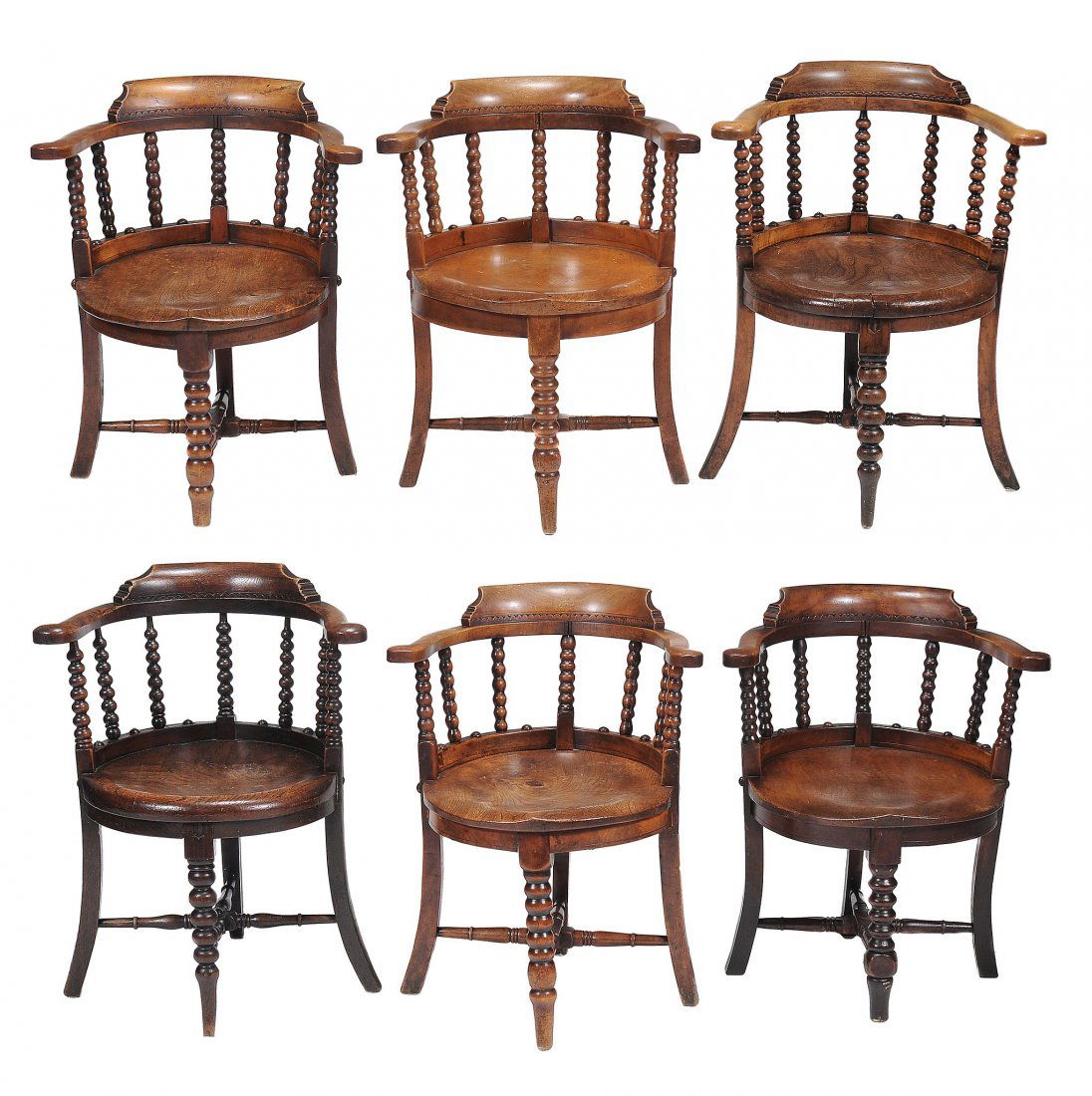 Six similar late Victorian ash 'smokers bow' arm chairs: Six similar late Victorian ash 'smokers bow' arm chairs , circa 1890,