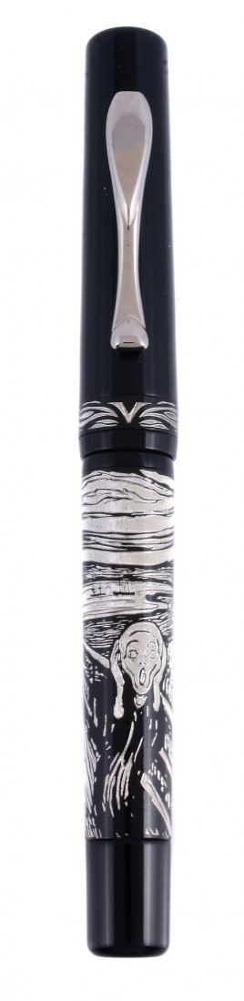Visconti, Art Collection, Edvard Munch, a limited: Visconti, Art Collection, Edvard Munch, a limited edition fountain pen, no.106/338, the barrel with a drypoint engraving of 'The Scream', stamped Ag 925, the nib stamped 14K, uninked, in a Visconti bo