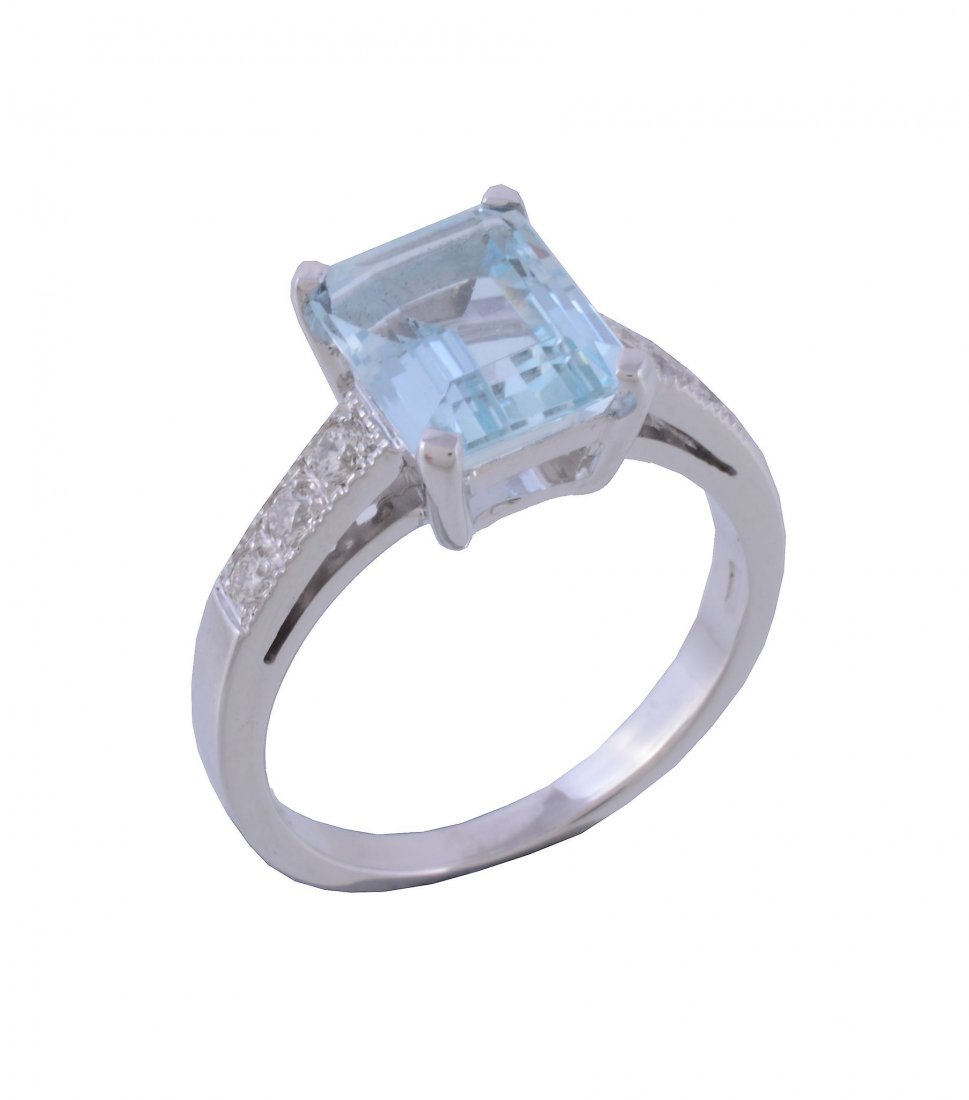 An aquamarine and diamond ring, the rectangular cut (1 of 1)